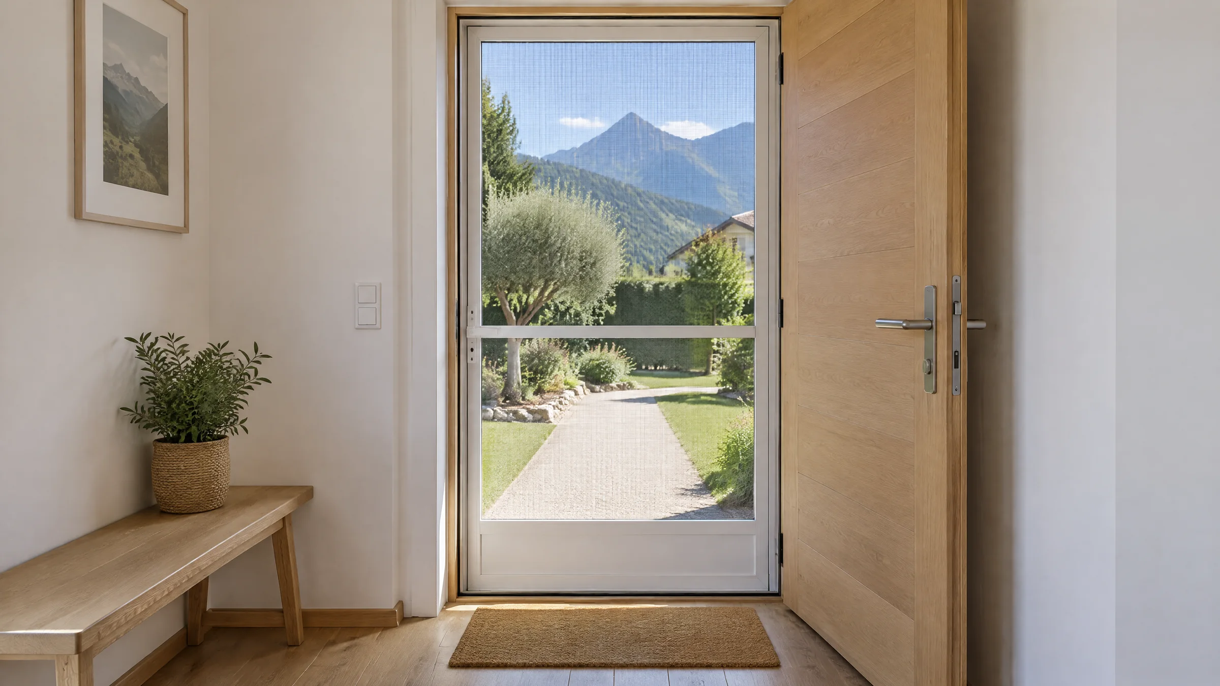 Porte d’entrée ouverte sur le jardin, moustiquaire battante à cadre blanc fermée dans l’embrasure (photo d’illustration).