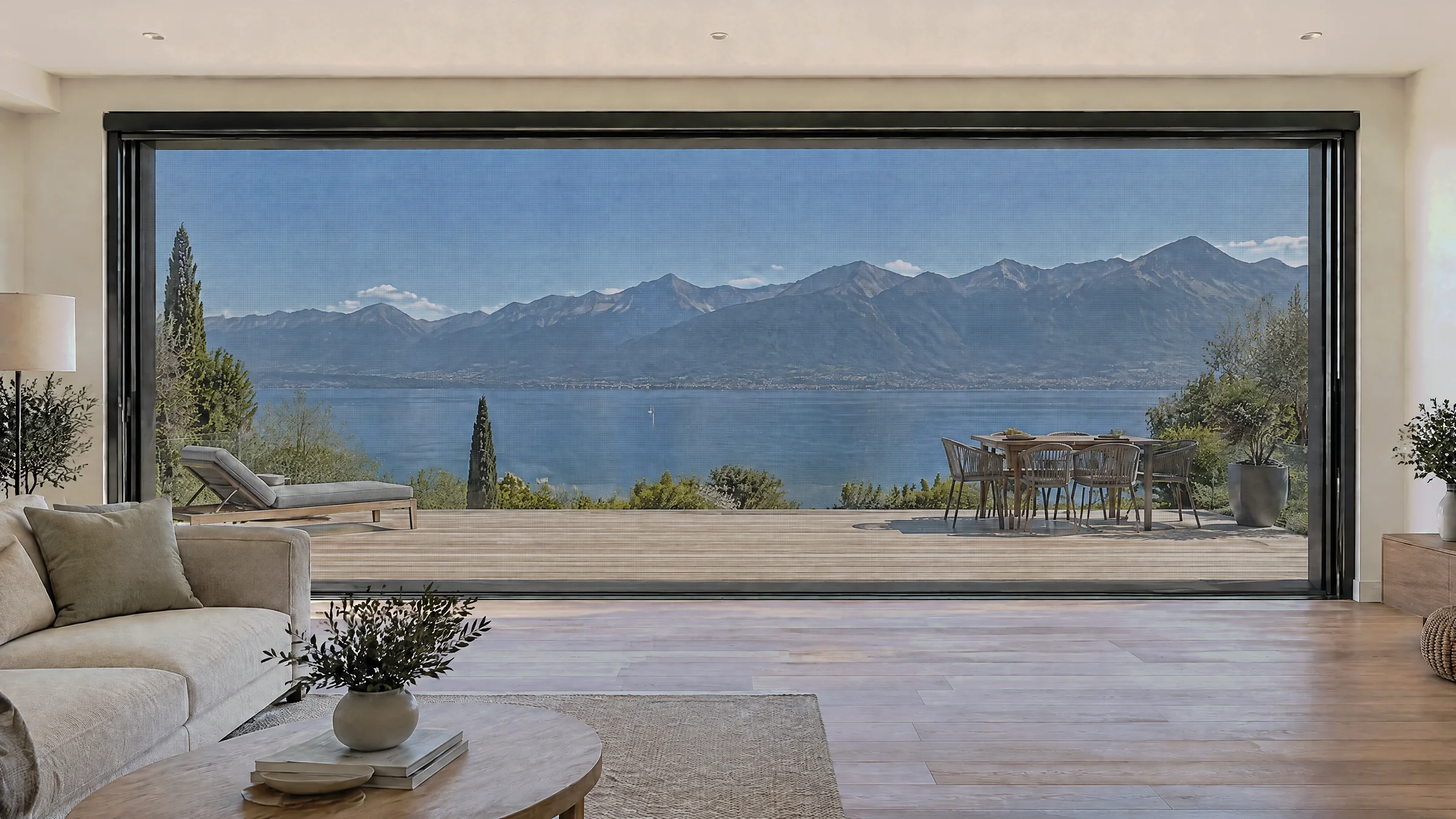 Grande baie vitrée face au lac Léman, moustiquaire motorisée descendue sur toute la largeur (photo d’illustration).