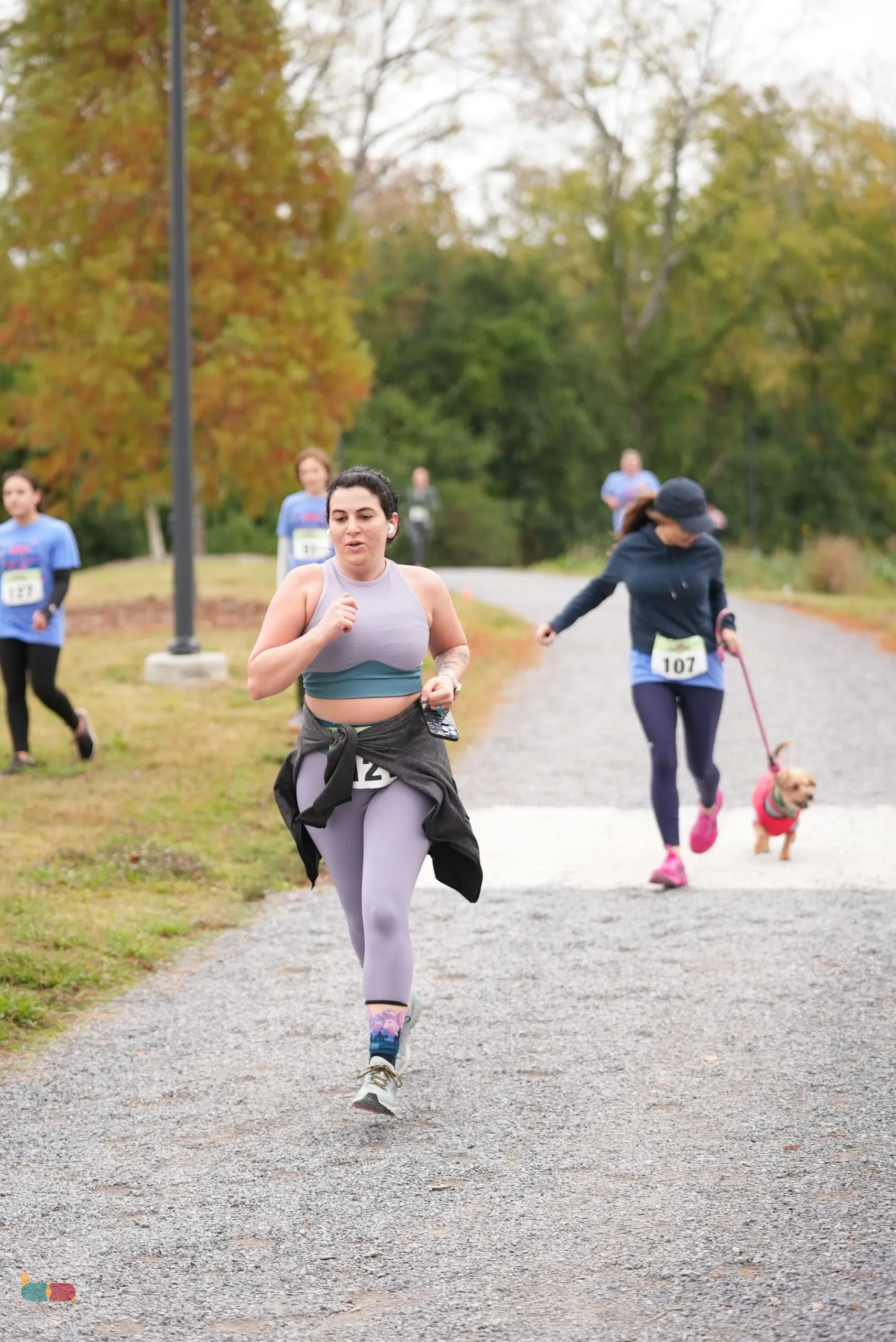 Runners and a walker with her dog on a paved path through the park