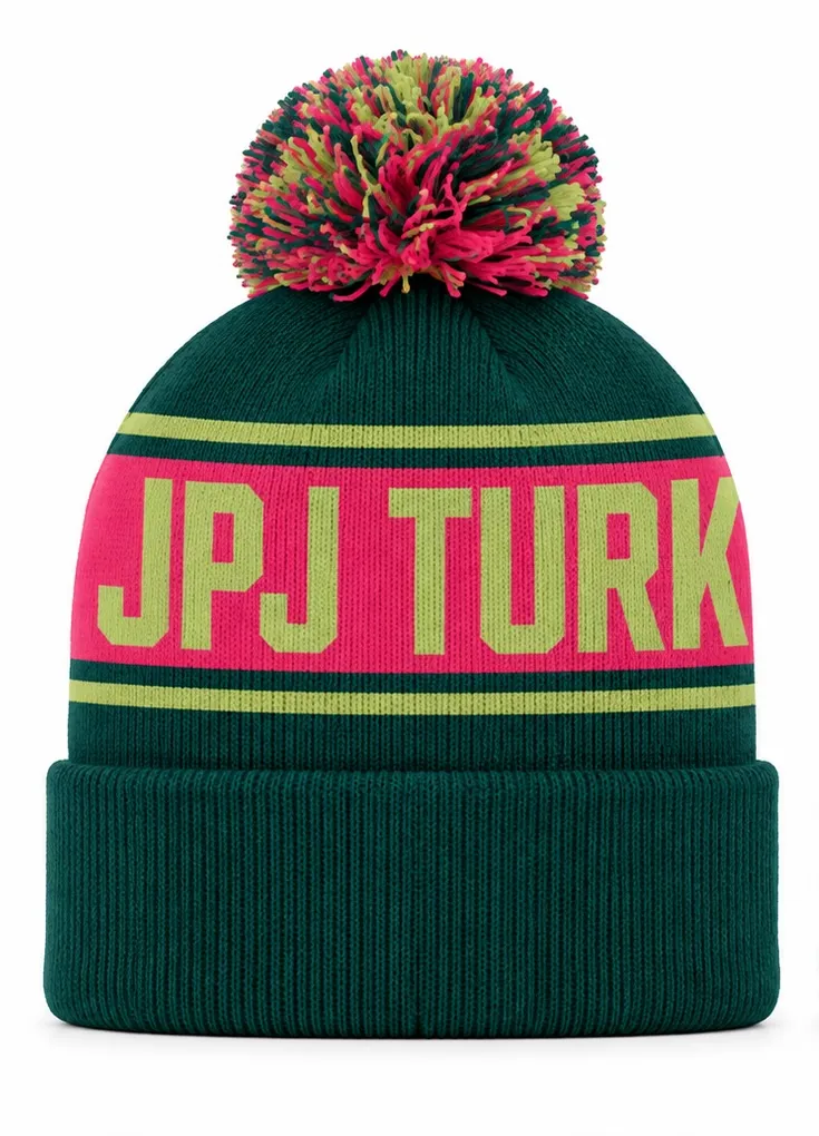 Green JPJ Turkey Trot knit beanie with pink and yellow stripes and a pom-pom