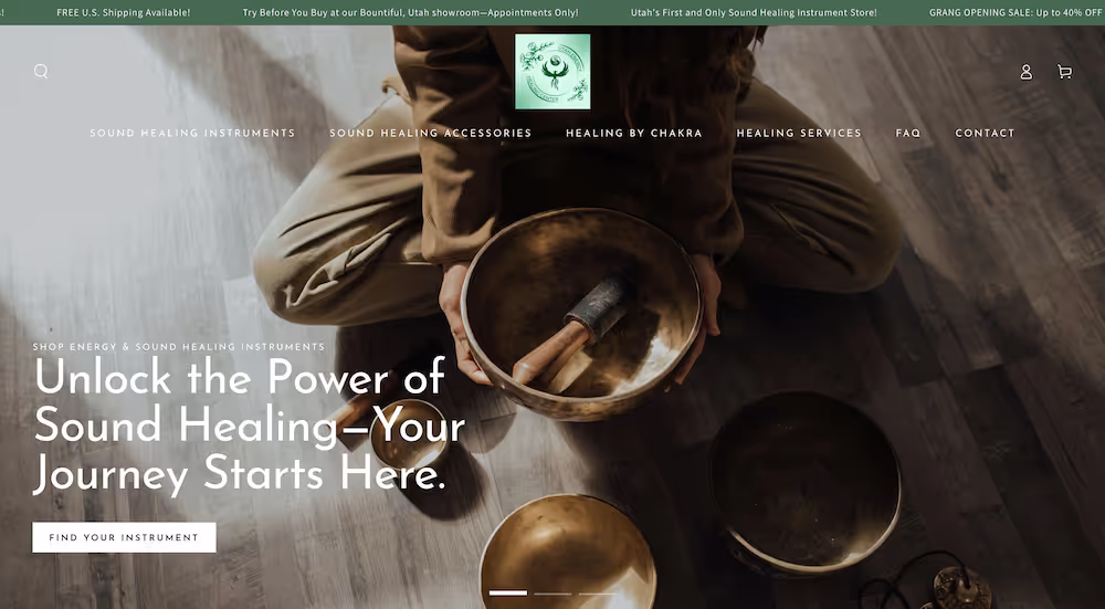 Sound healing instrument Shopify store homepage with singing bowls hero