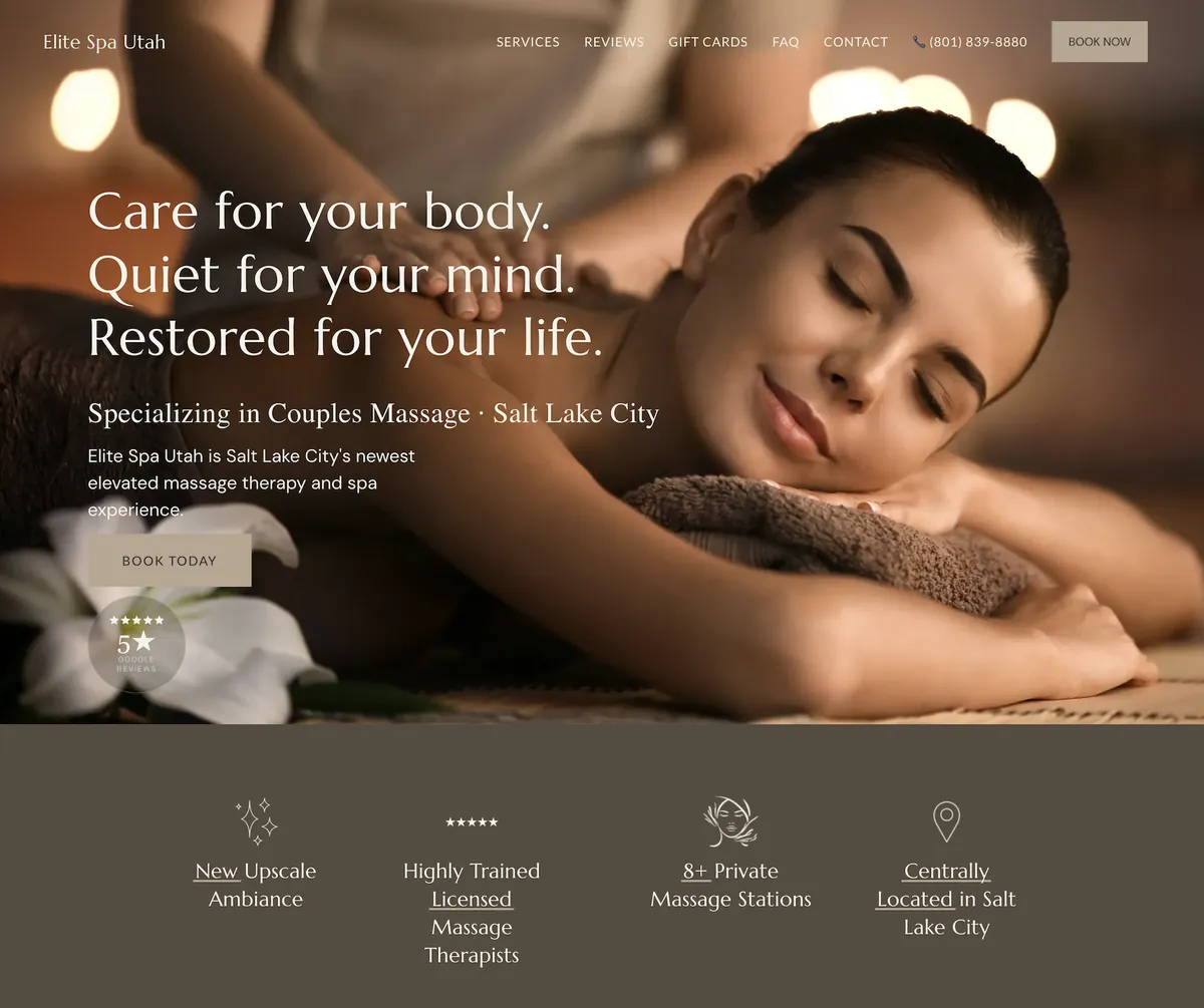 Elite Spa Utah homepage hero: Care for your body. Quiet for your mind. Restored for your life.