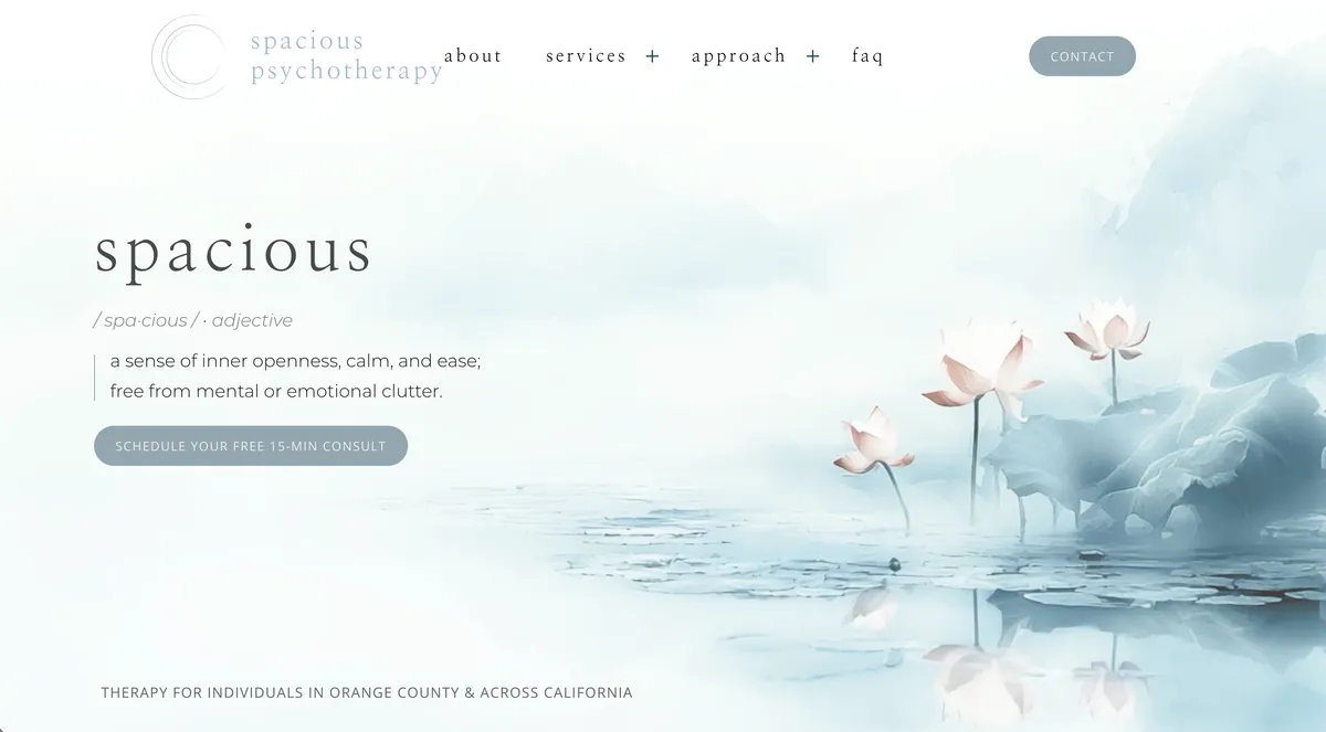 Spacious Psychotherapy homepage hero with misty lotus pond illustration