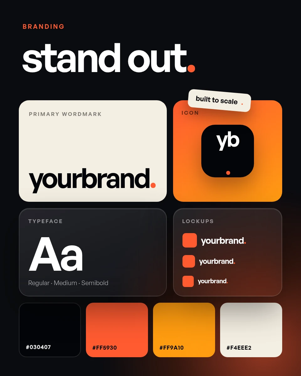 GYB branding graphic: logo, typeface and colour palette tiles headed ‘stand out.’