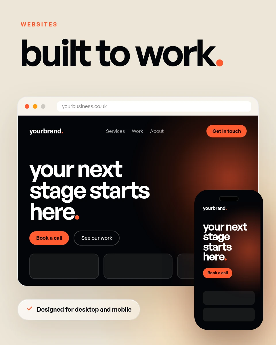GYB websites graphic: a responsive website on laptop and phone headed ‘built to work.’