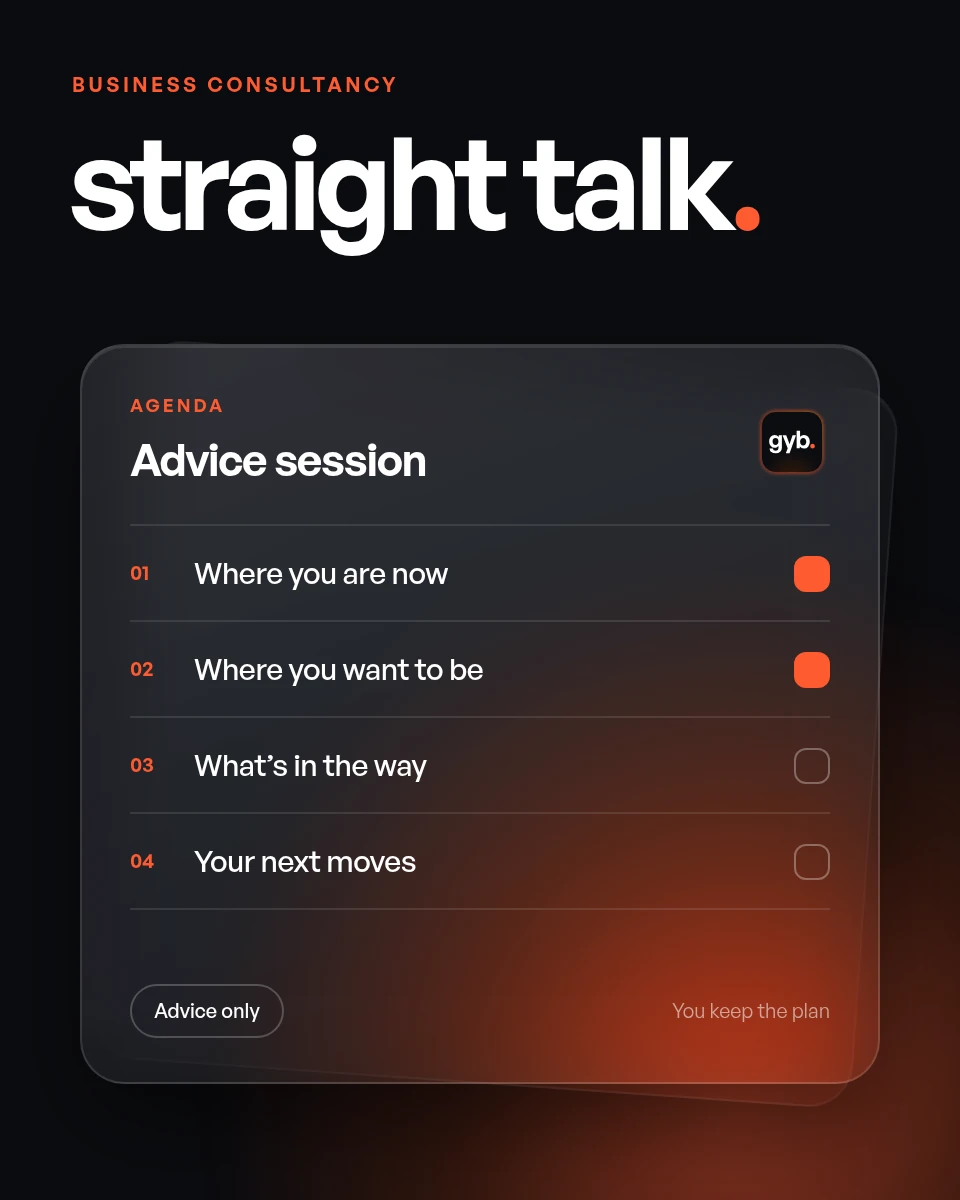 GYB business consultancy graphic: an advice session checklist headed ‘straight talk.’