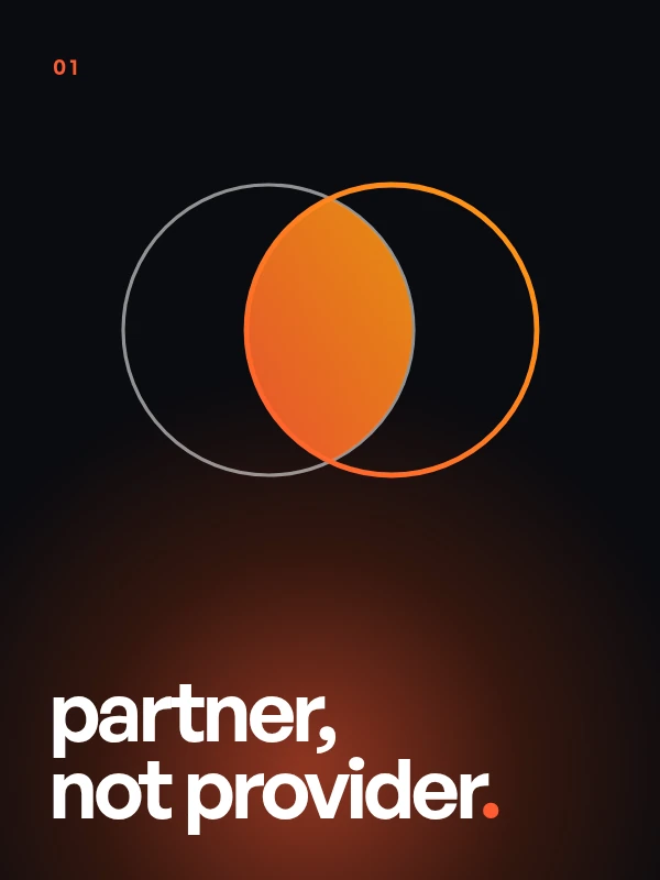 Abstract GYB graphic of two overlapping circles headed ‘partner, not provider.’