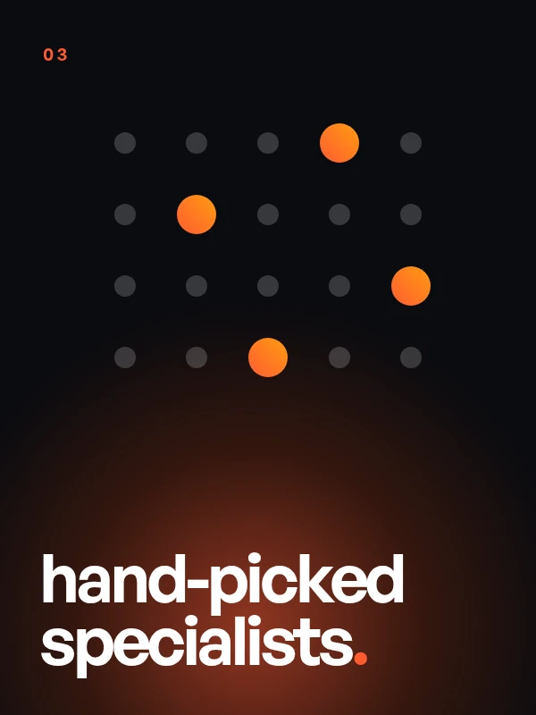 Abstract GYB graphic of a dot grid with selected dots highlighted, headed ‘hand-picked specialists.’