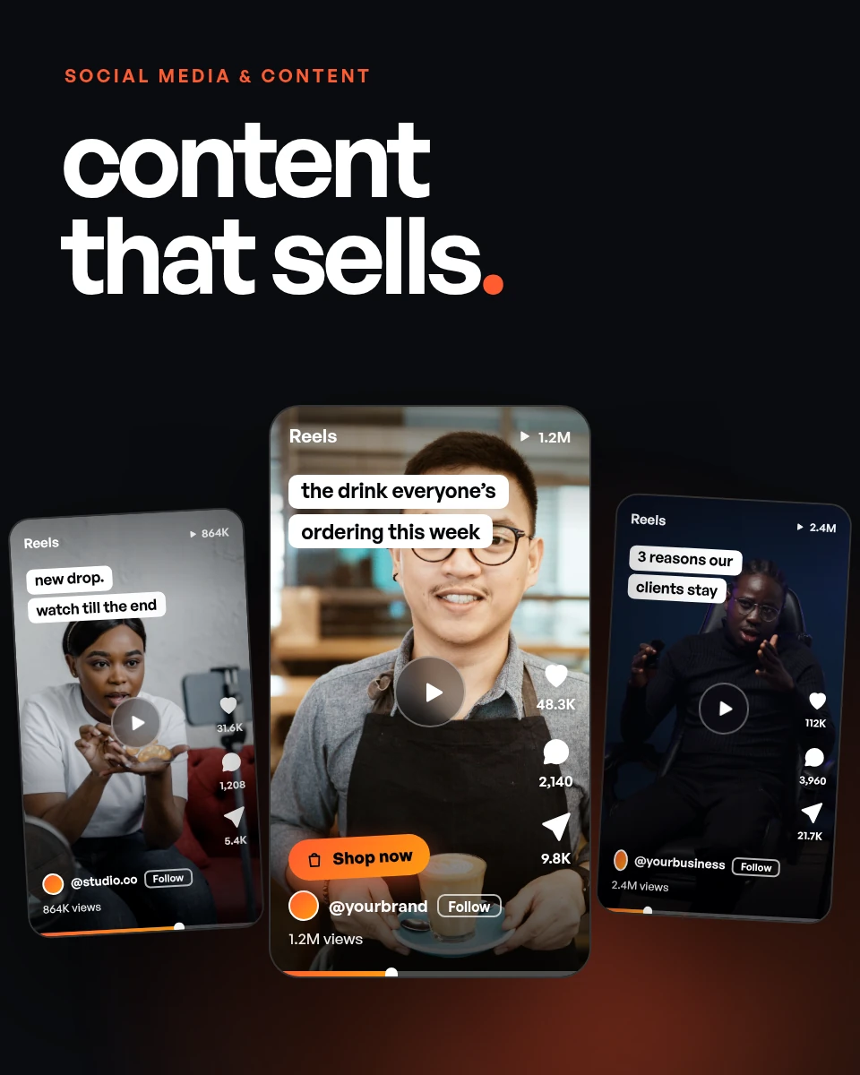 GYB social media graphic: short-form video posts of presenters talking to camera, promoting a café, a beauty product and a business, with high view and like counts, headed ‘content that sells.’