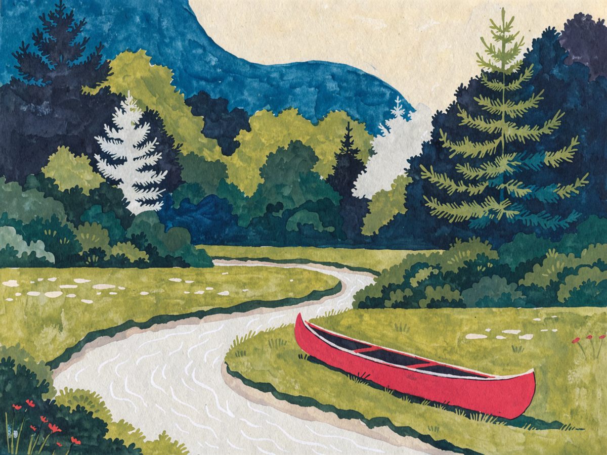 Illustration of a quiet creek winding through a green meadow, with a canoe on the bank.