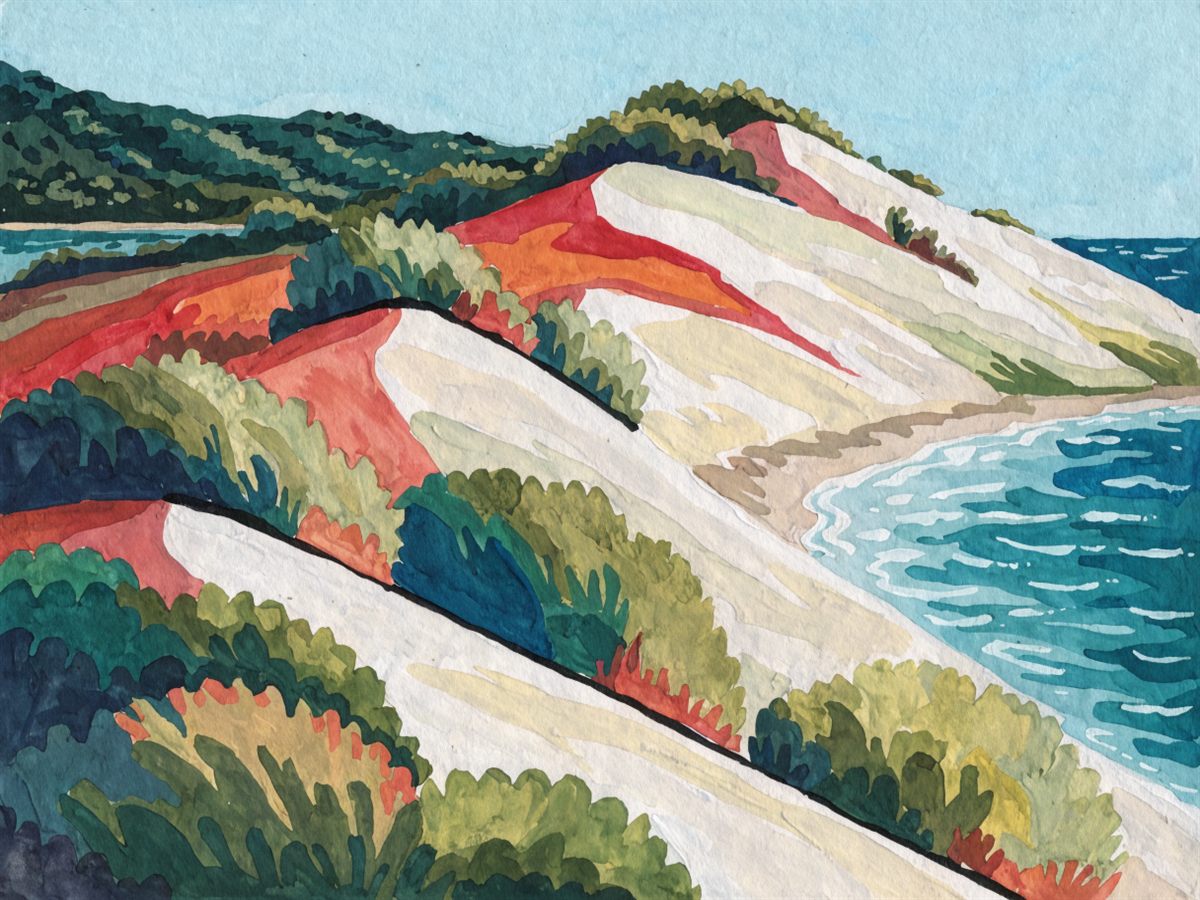 Illustration of tall sand dunes sloping down to a blue lake beach.