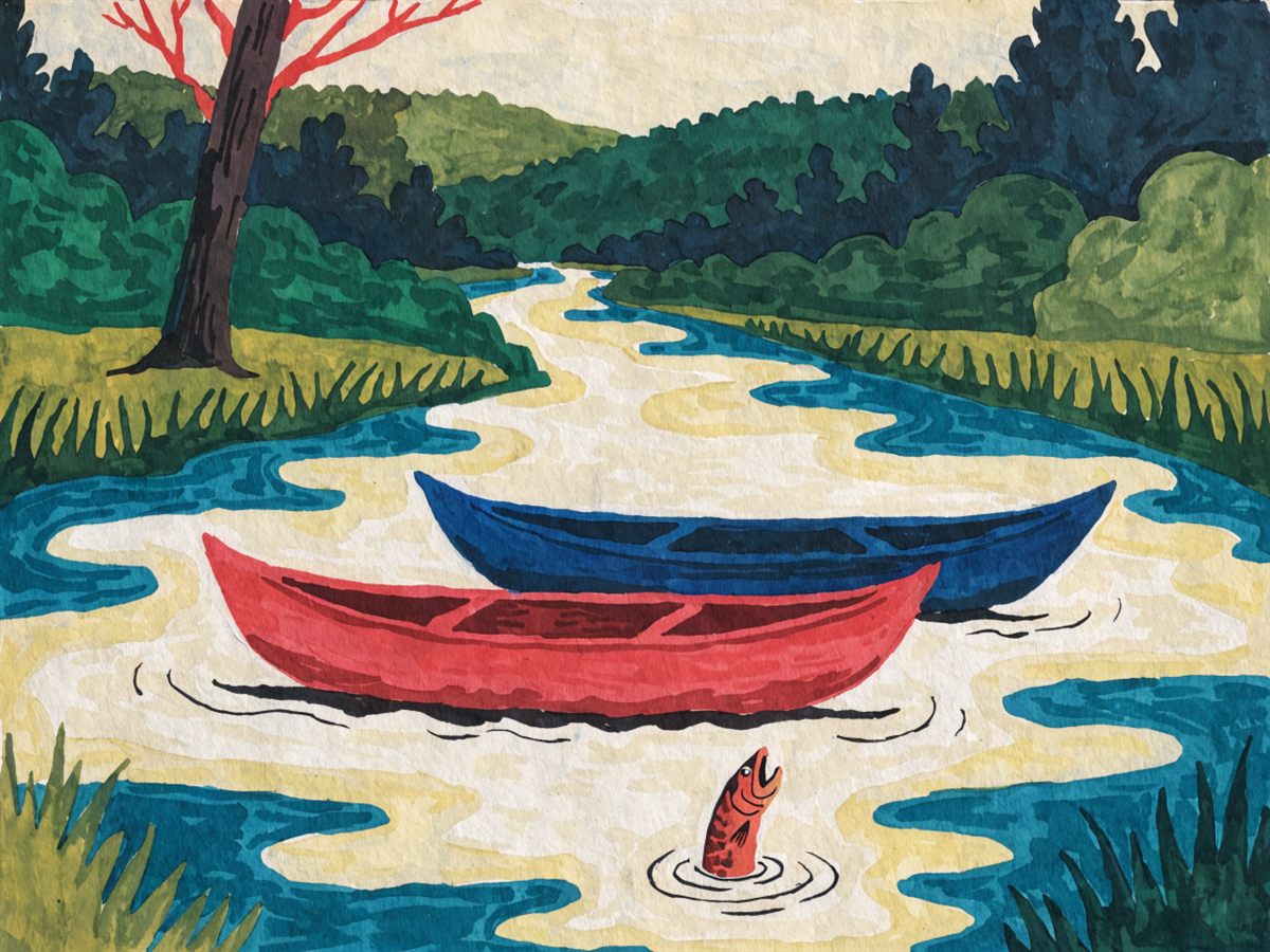 Illustration of a slow river through forest with two canoes drifting.