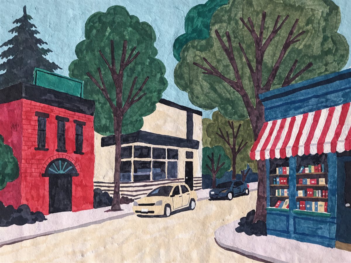 Illustration of a small-town main street with a brick library, a diner and a bookshop.