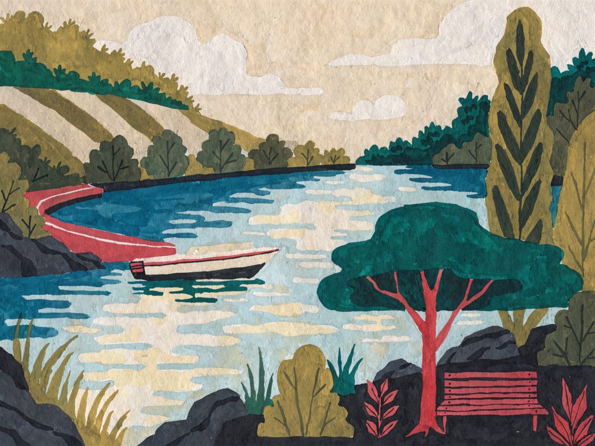 Illustration of a wide river with a boat launch, a motorboat and a riverside park bench.