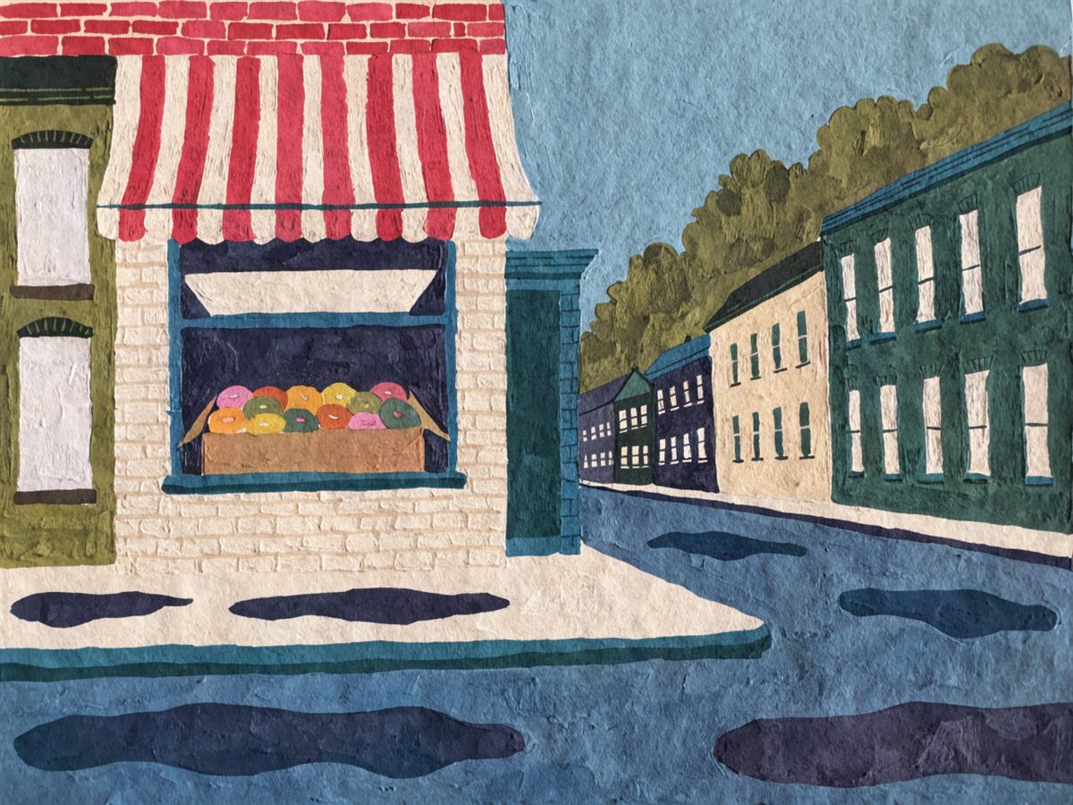 Illustration of a bakery storefront with doughnuts in the window and a striped awning.