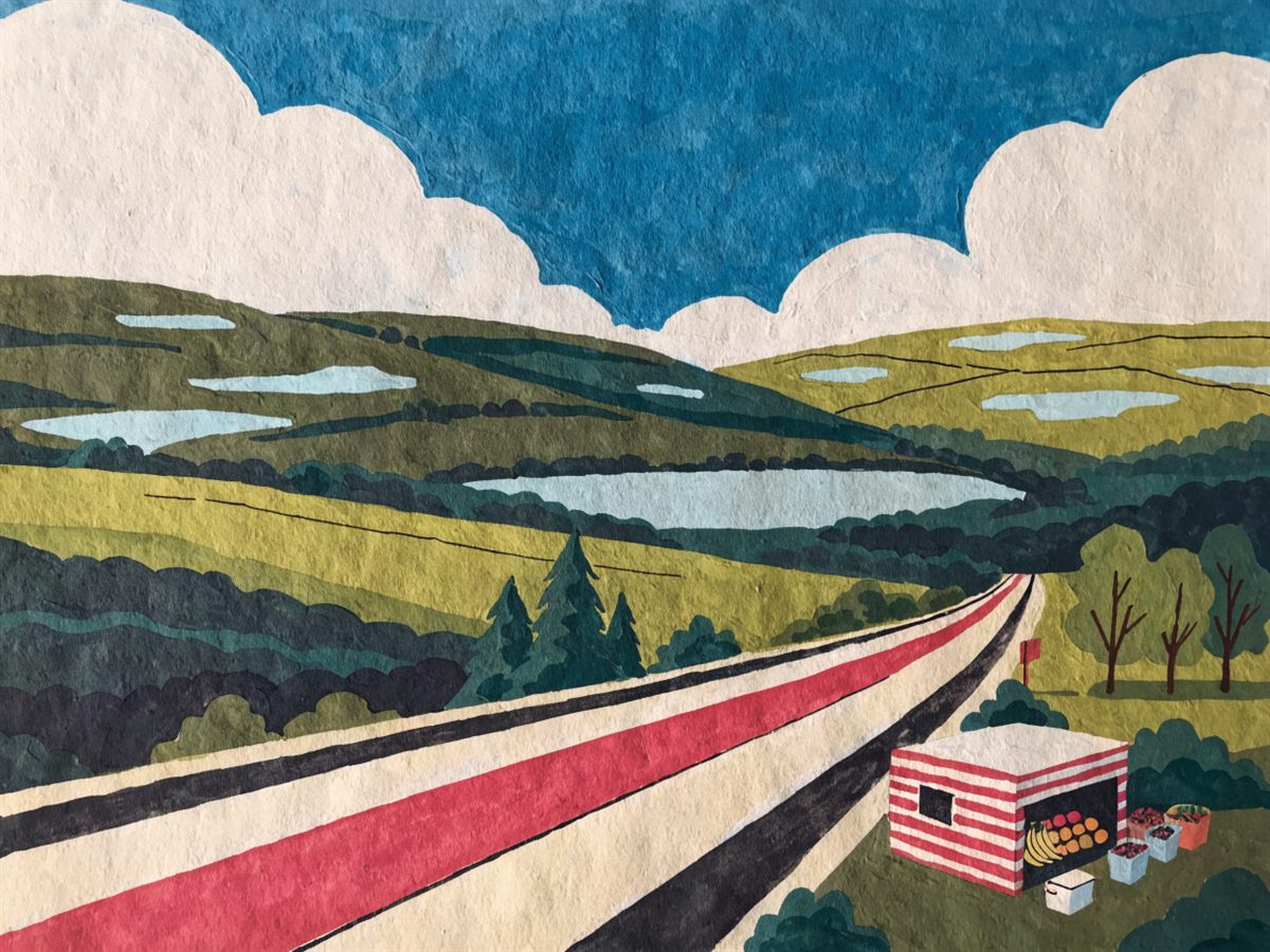 Illustration of rolling green hills with small lakes along a two-lane highway.