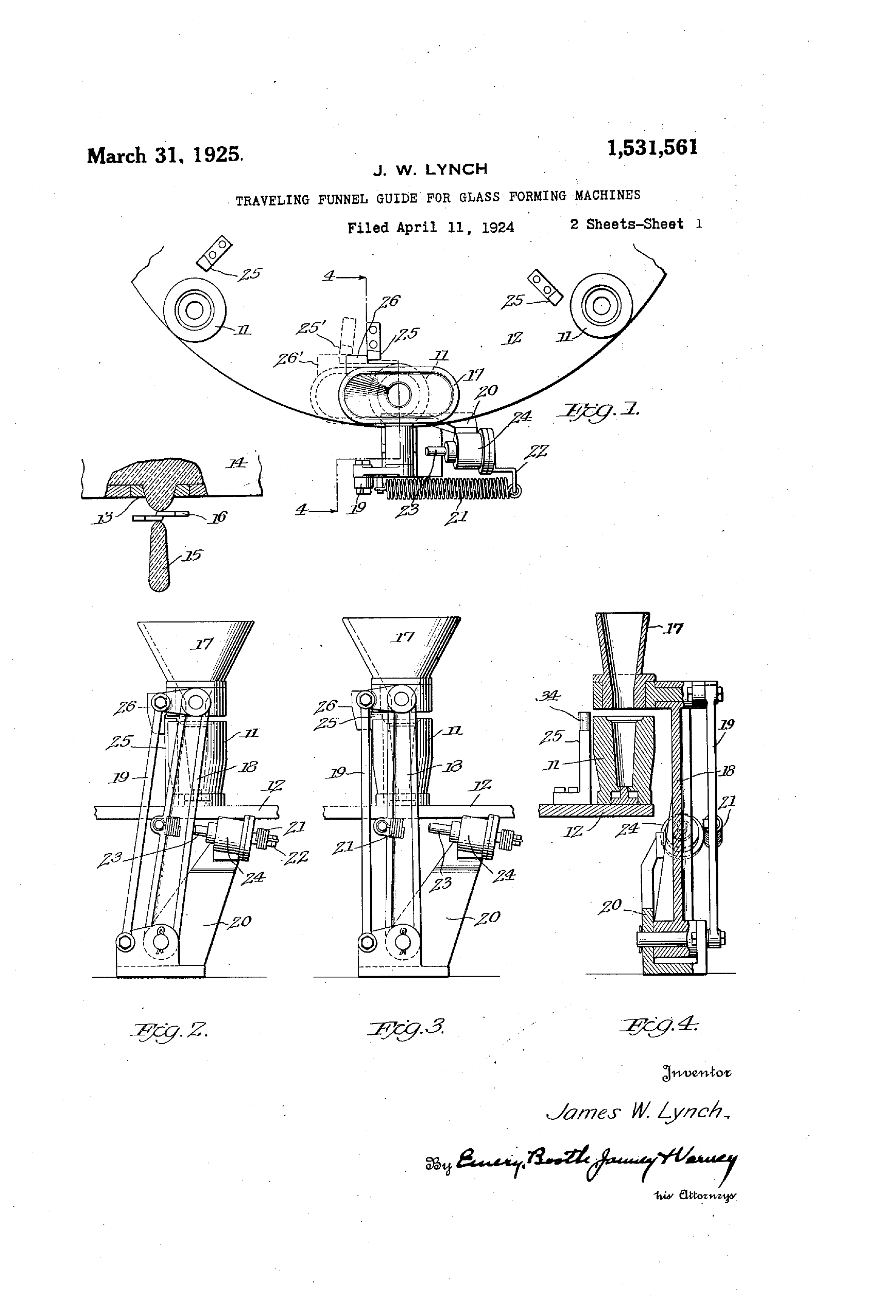 James W. Lynch’s original 1925 patent drawing: a traveling funnel guide synchronized with rotating glass-forming molds.