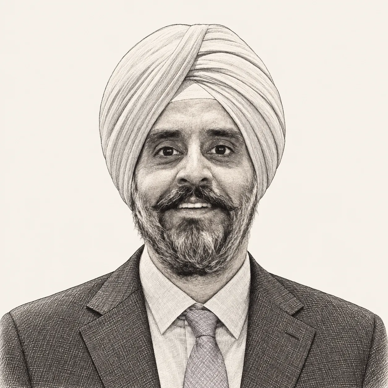 Editorial pencil portrait of Manjit Kalha