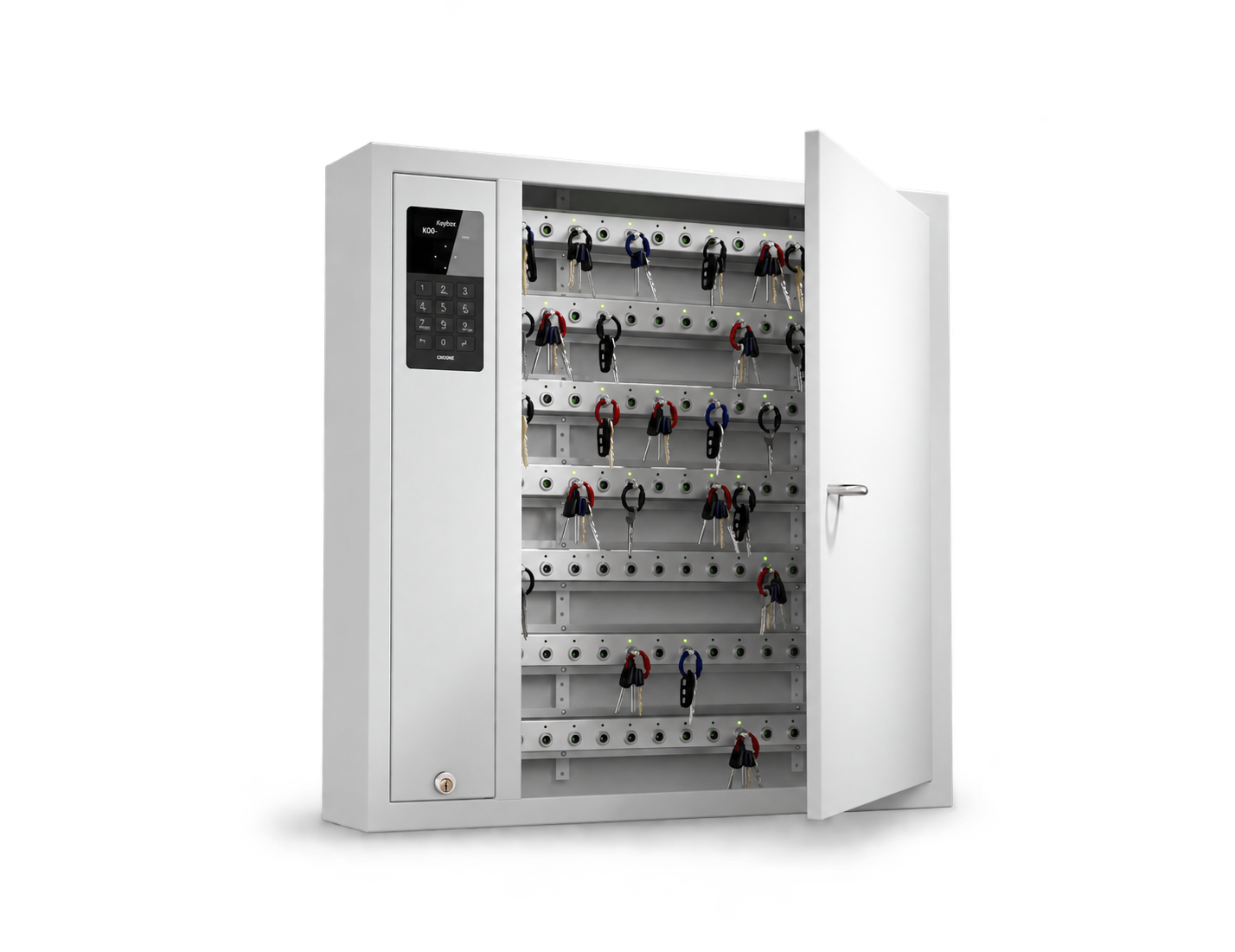 KeyControl key cabinet with door open, holding physical keys