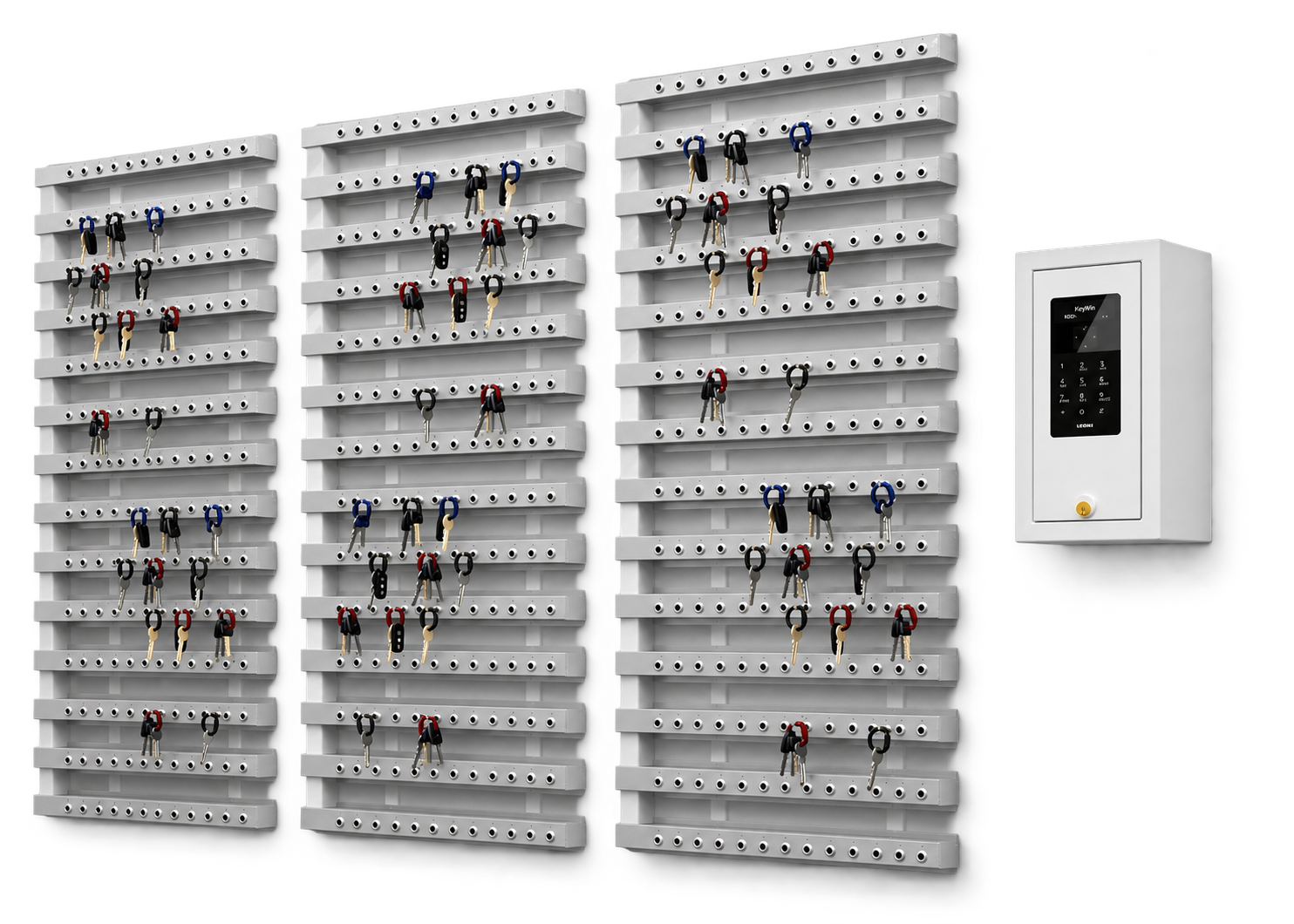 Wall-mounted key racks connected to a control unit