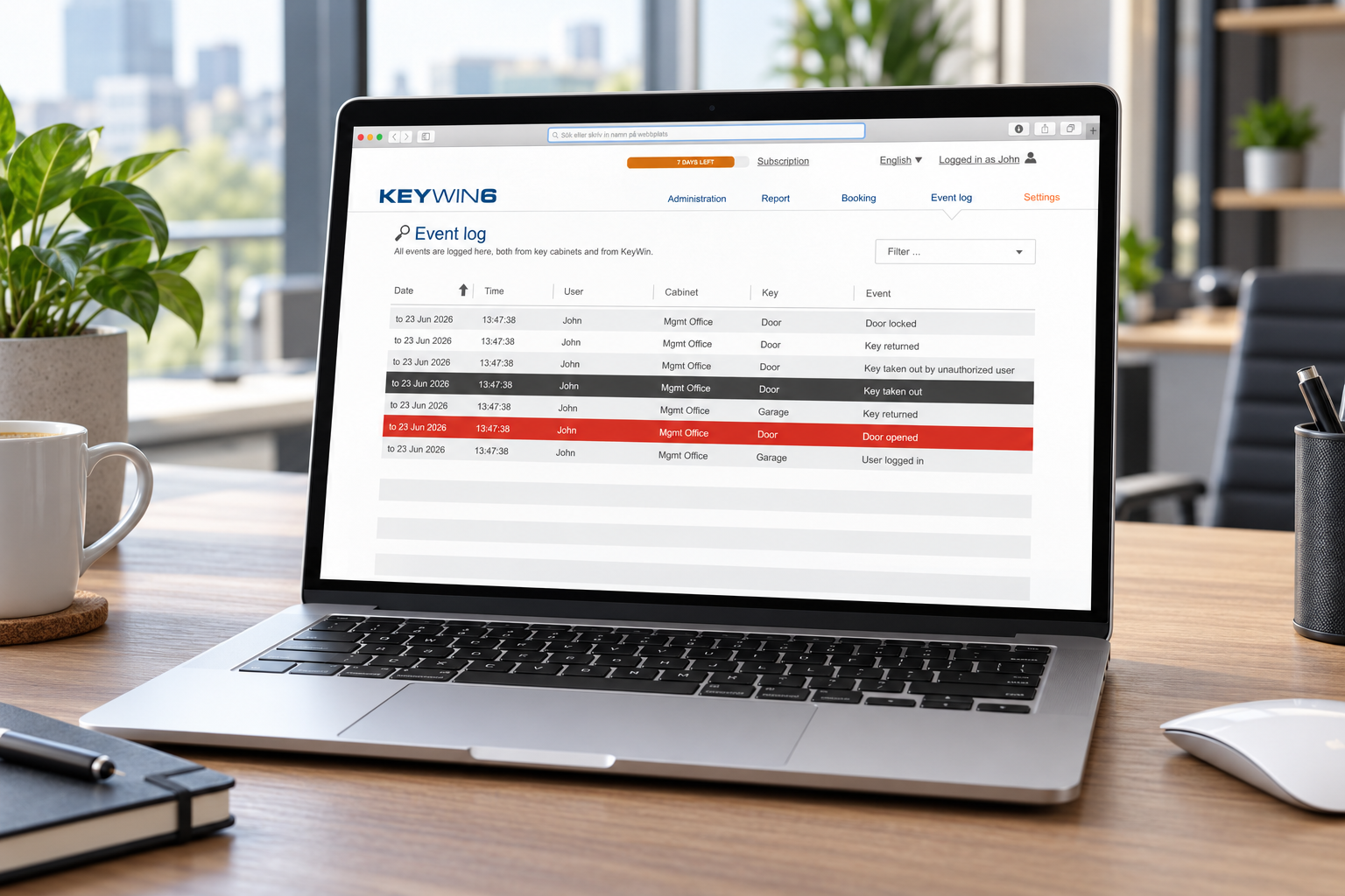 Laptop showing the KeyWin6 event log