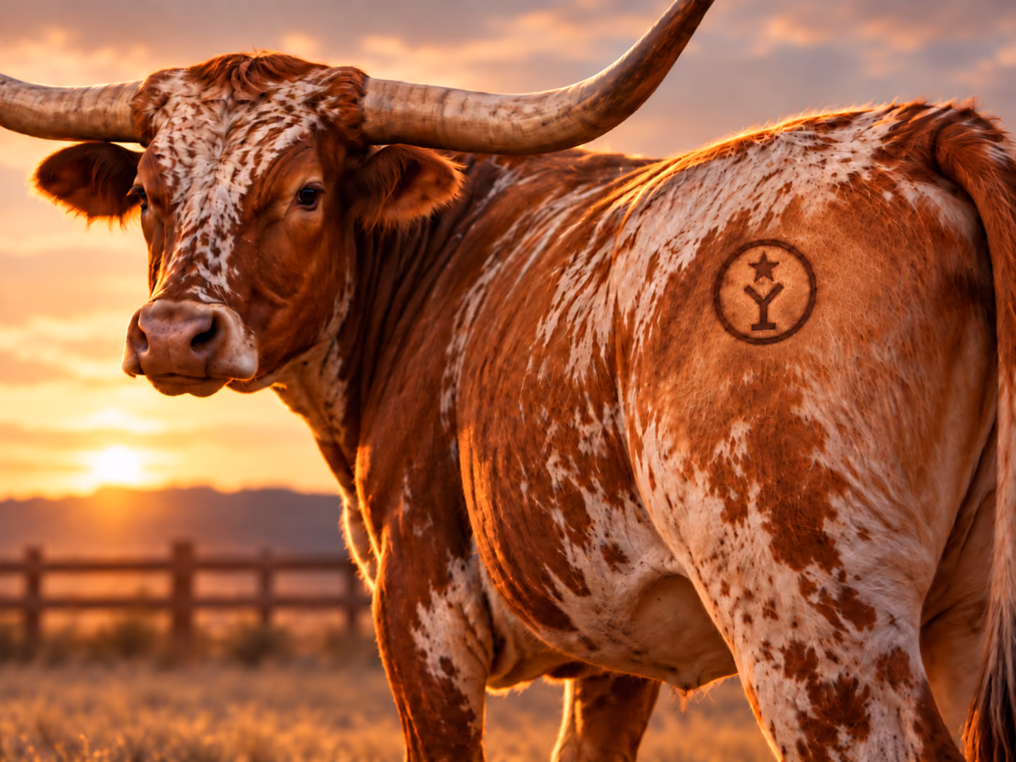 Texas longhorn standing in a field at sunset with The Y'all Street Group brand on its flank