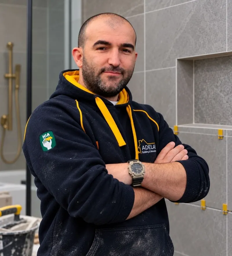 Eddie from TileSA with arms crossed in a bathroom with new wall tiles