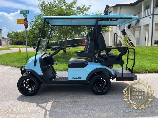 ActivEV 4PR 2+2 golf cart in Sky Blue with a rear-facing back seat