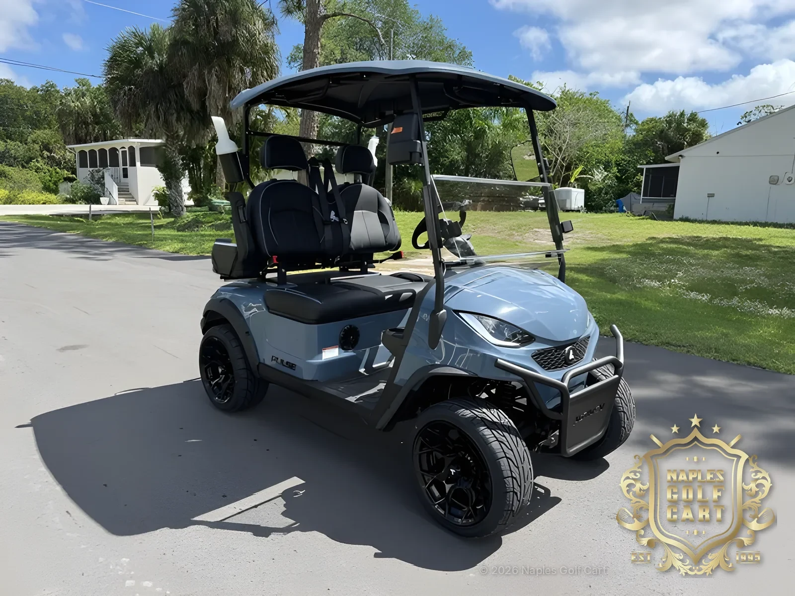 ActivEV 2PF golf cart in Anvil Blue at Naples Golf Cart