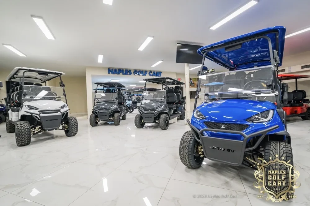 ICON, EPIC and ActivEV golf carts on the Naples Golf Cart showroom floor