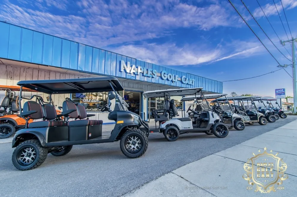 Naples Golf Cart storefront on Airport-Pulling Road with golf carts lined up out front