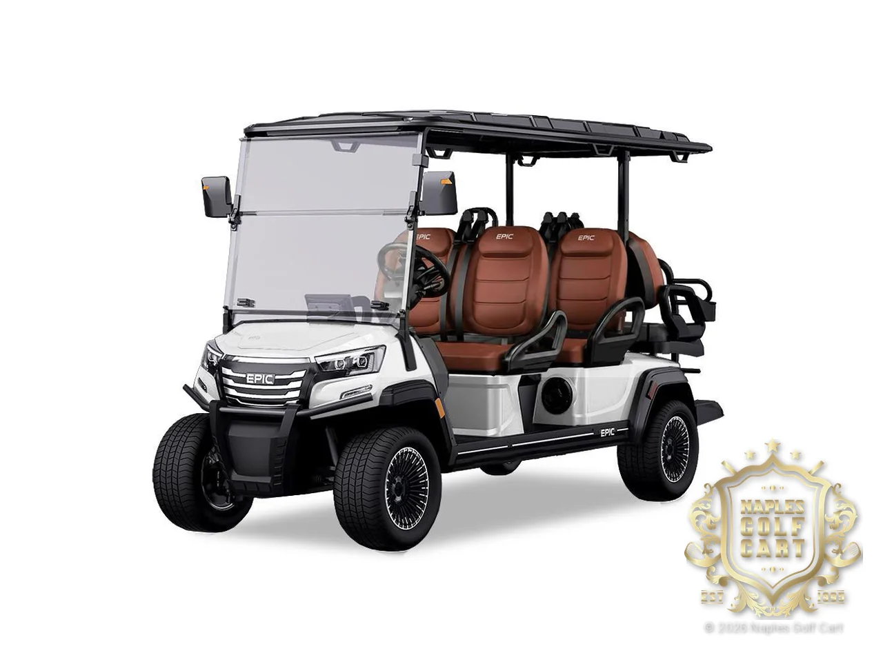 EPIC E60FX 6-passenger golf cart in Pearl White, front three-quarter view (factory photo)