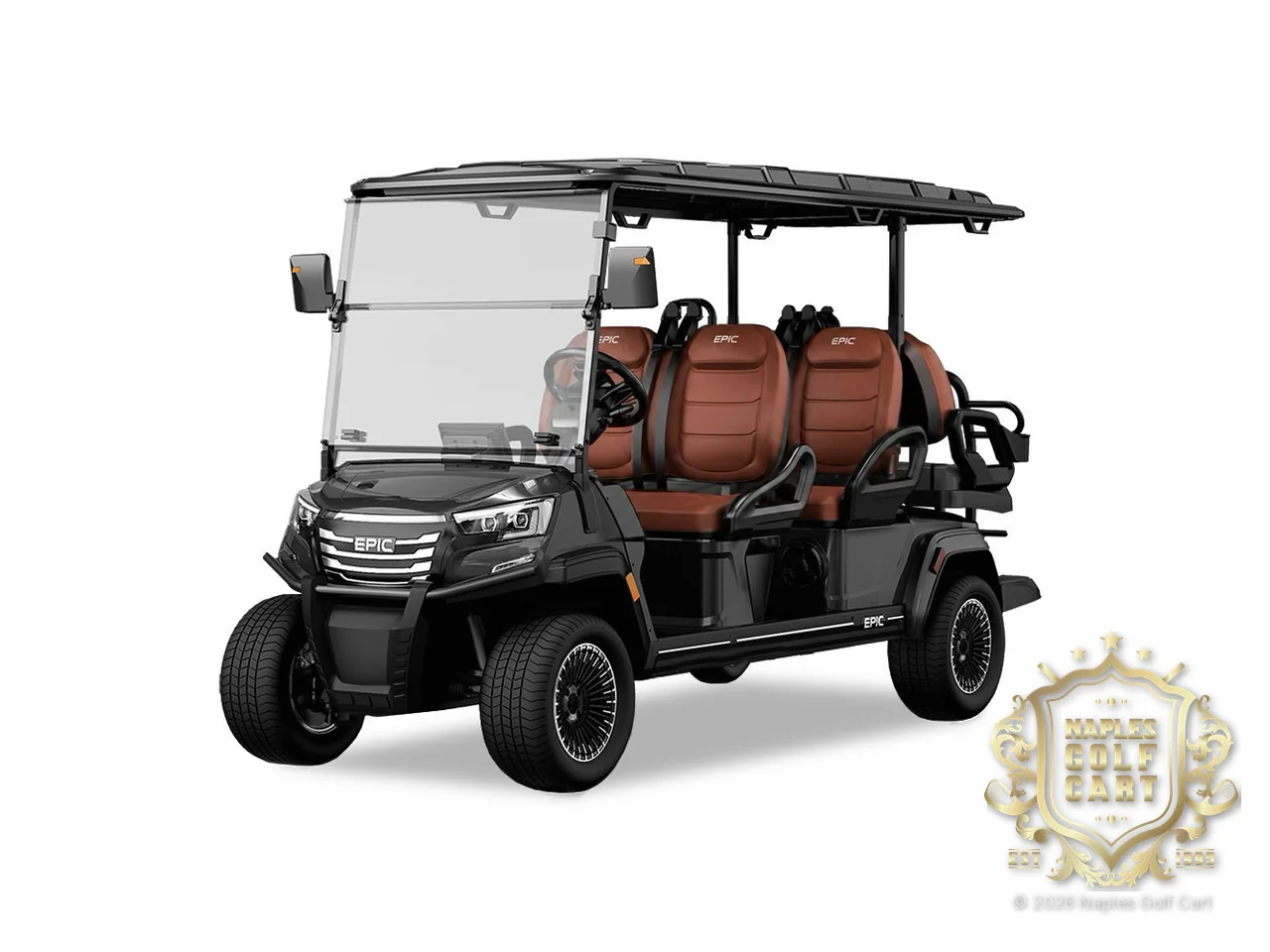 EPIC E60FX 6-passenger golf cart in Black, front three-quarter view (factory photo)