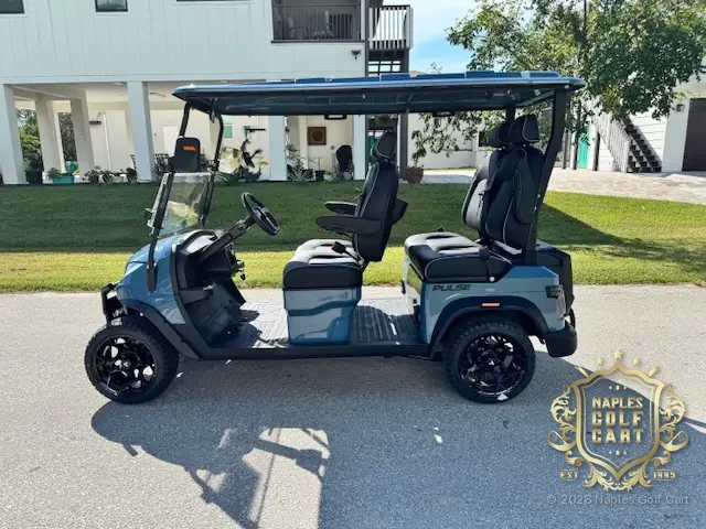 ActivEV 4PF 4-passenger golf cart in Anvil Blue, side view