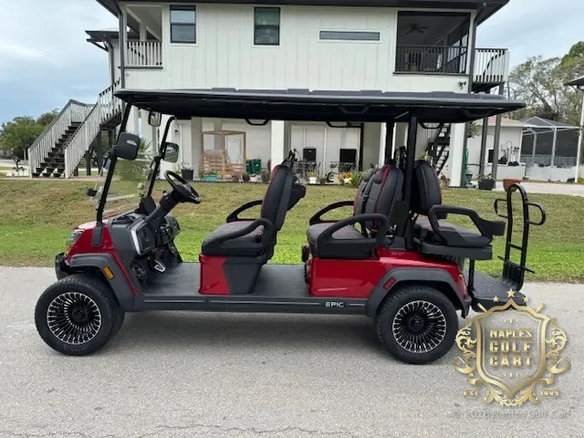 EPIC E60FX 6-passenger golf cart in Red, side view
