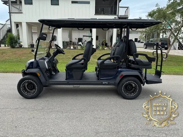 EPIC E60FX 6-passenger golf cart in Midnight Blue, side view