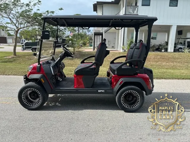 EPIC E40FX 4-passenger golf cart in Red, side view
