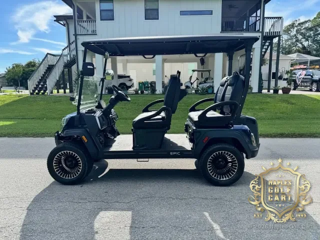 EPIC E40FX 4-passenger golf cart in Midnight Blue, side view