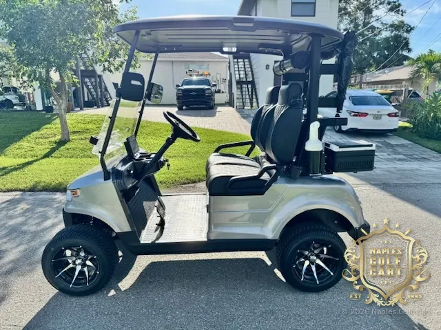 EPIC E20 2-passenger golf cart in Silver, side view