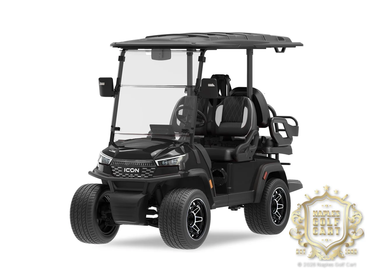 ICON i40LX 4-passenger golf cart in Black, front three-quarter view (factory photo)