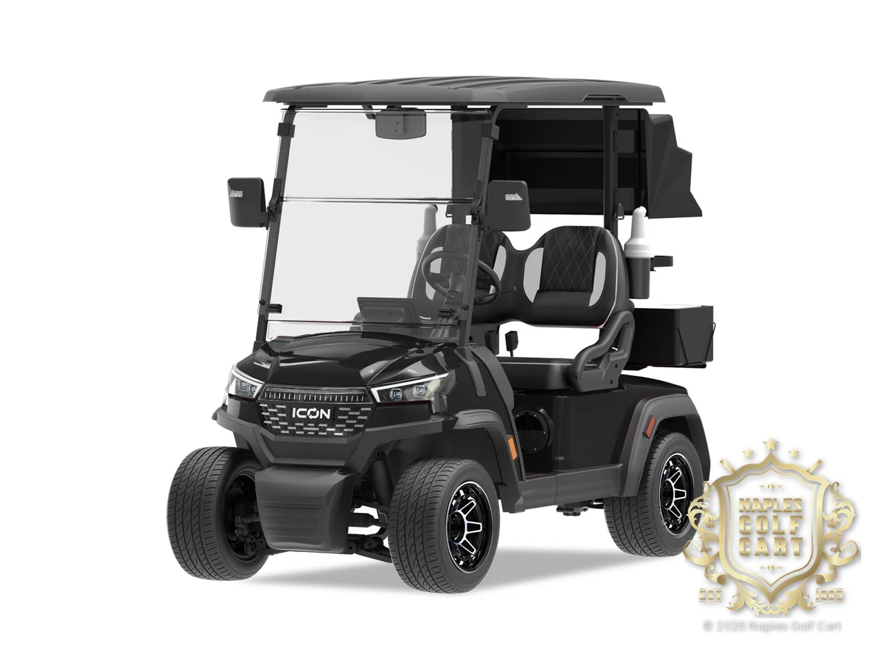 ICON i20LX 2-passenger golf cart in Black, front three-quarter view (factory photo)