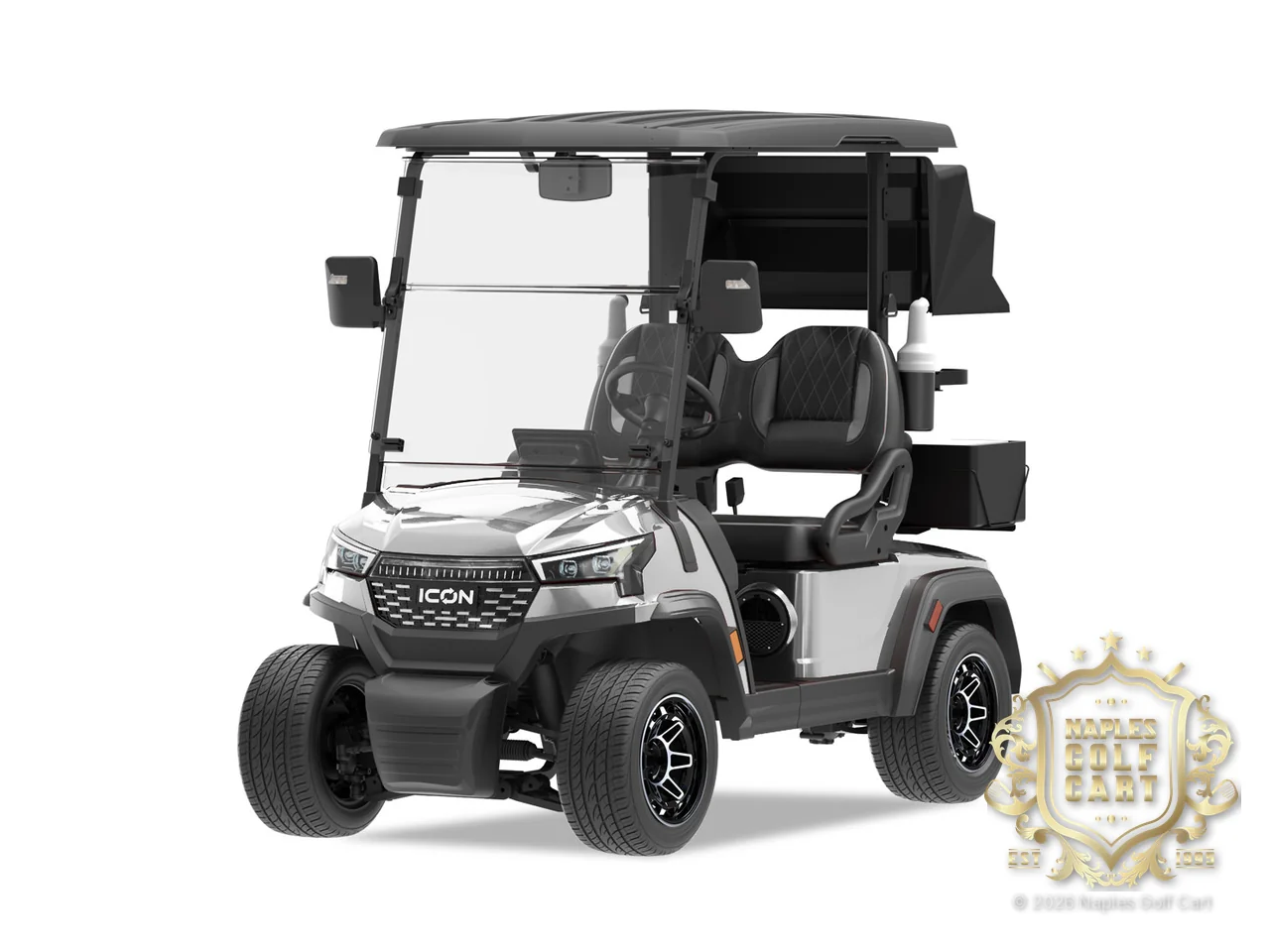 ICON i20LX 2-passenger golf cart in Silver, front three-quarter view (factory photo)