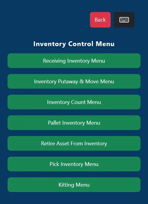 Handheld inventory control menu with receiving, putaway and move, count, pallet, retire, pick and kitting options