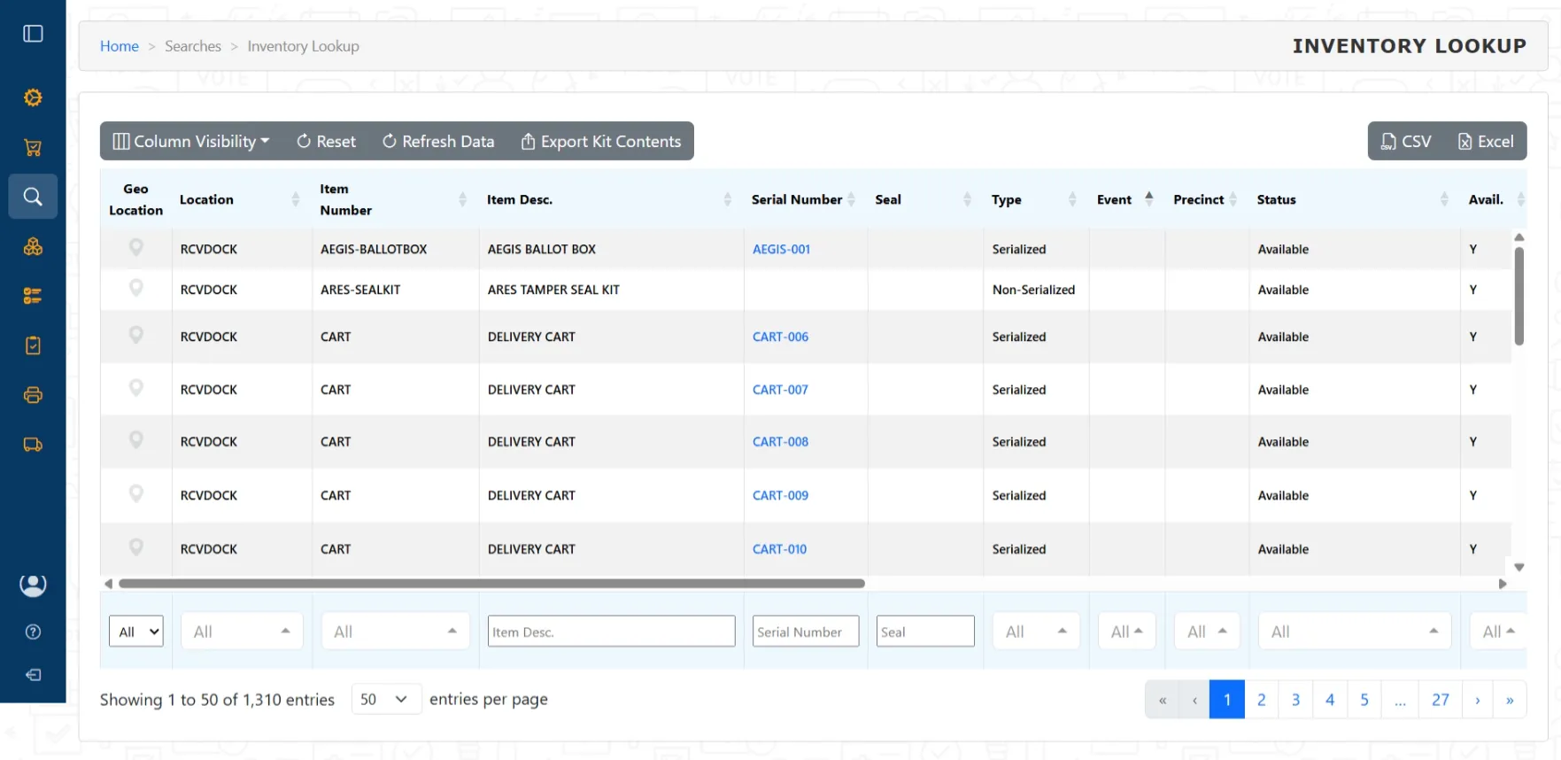 Inventory lookup with column filters, sorting, and CSV and Excel export