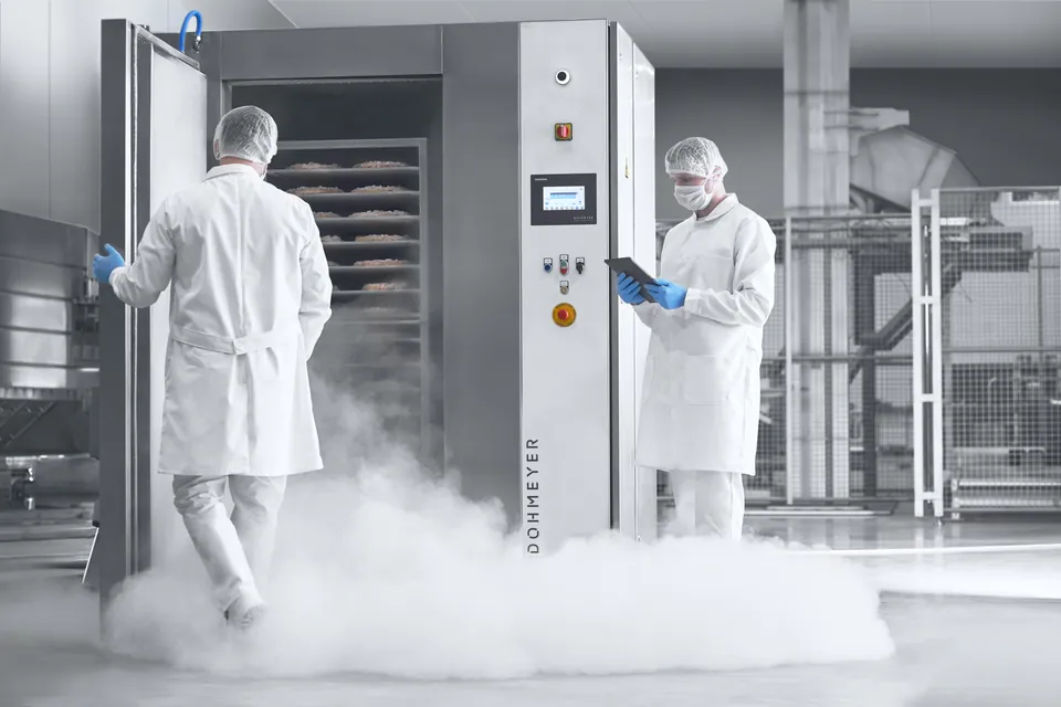 Cryogenic freezer by Dohmeyer releasing cold vapour