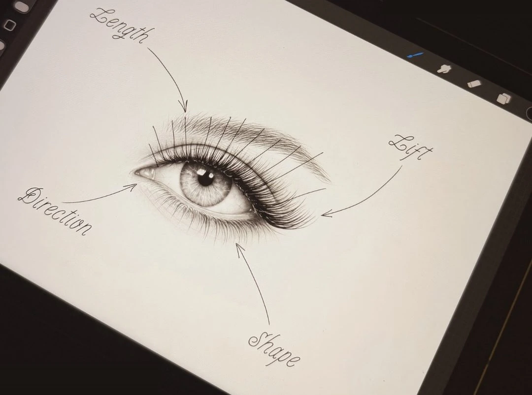 A hand-drawn lash map showing length, lift, direction and shape around an eye