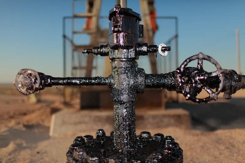 Close-up of an oil-coated wellhead with a pump jack behind