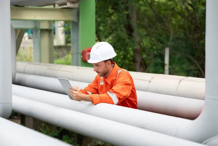 Worker in an orange coverall checking a tablet beside large pipes