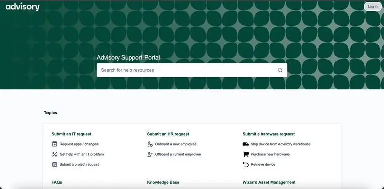 Advisory Support Portal home page with search and request topics