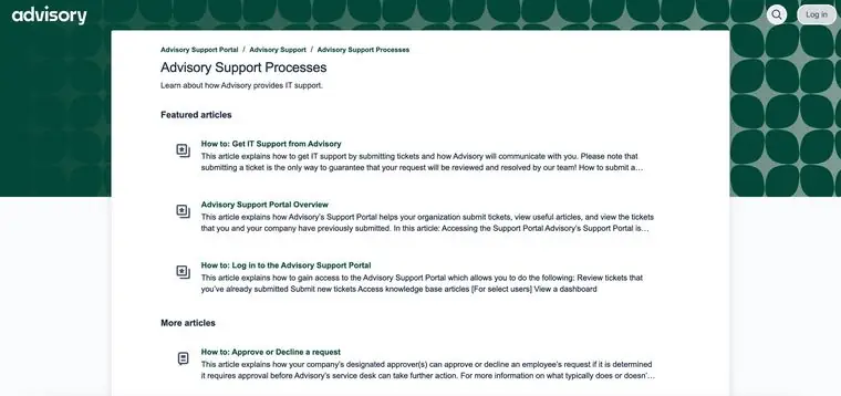 Advisory Support Processes knowledge base with featured how-to articles